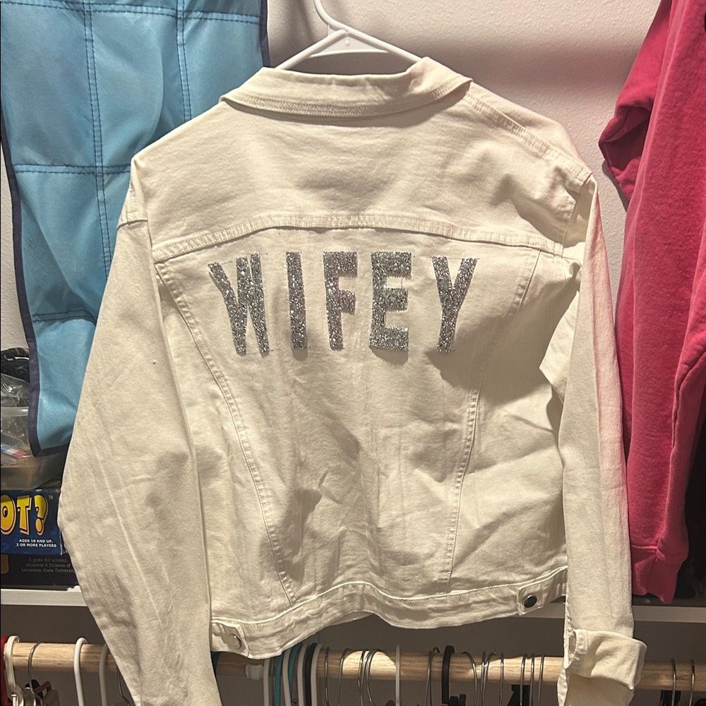 Forever 21 Cream Jean Jacket with Silver Lettering